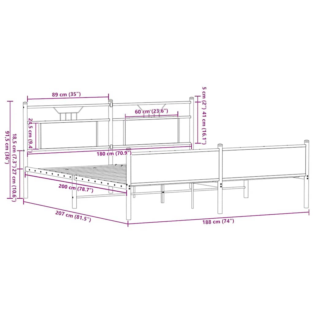 Metal Bed Frame without Mattress Brown Oak 180x200 cm Super King