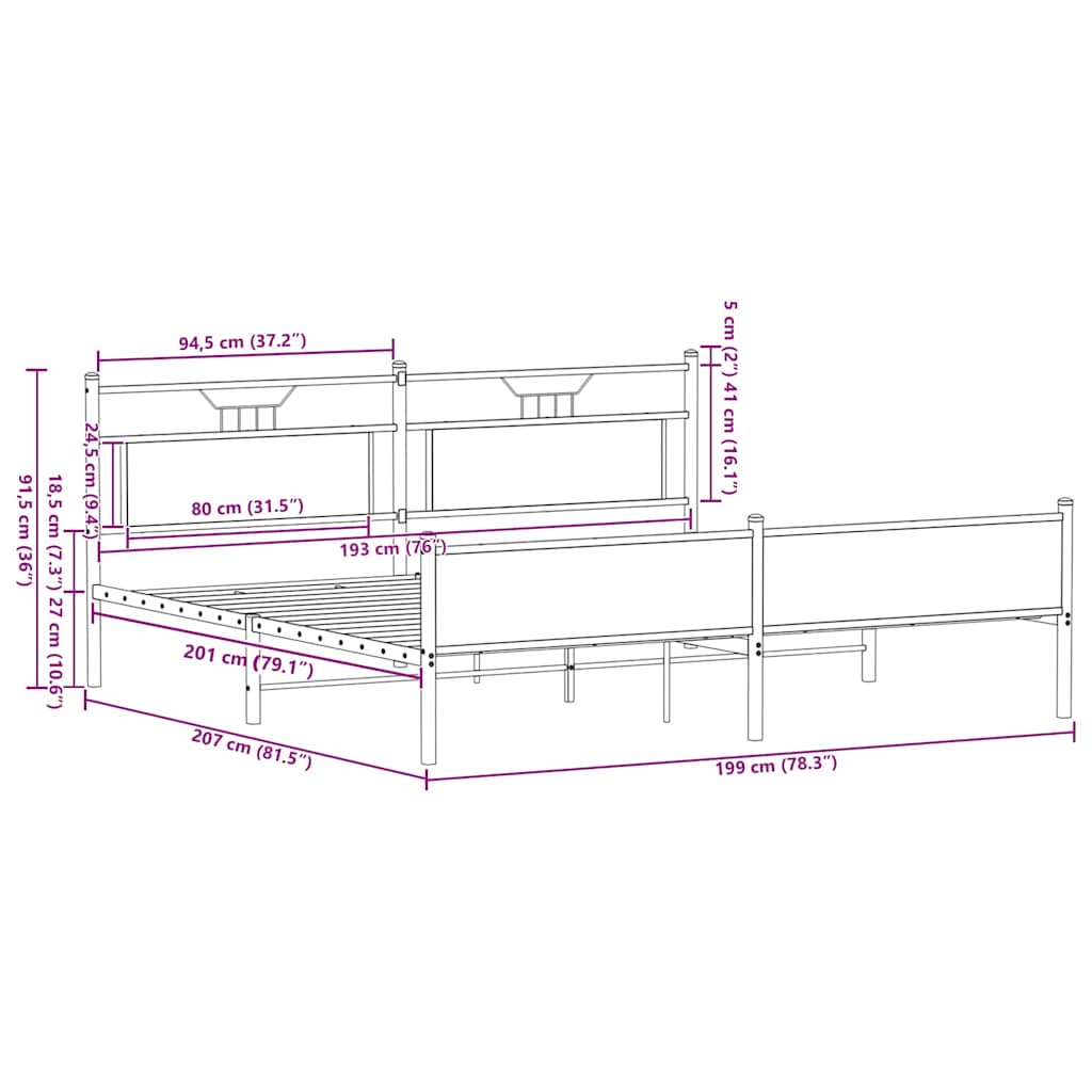 Metal Bed Frame without Mattress Brown Oak 193x201 cm