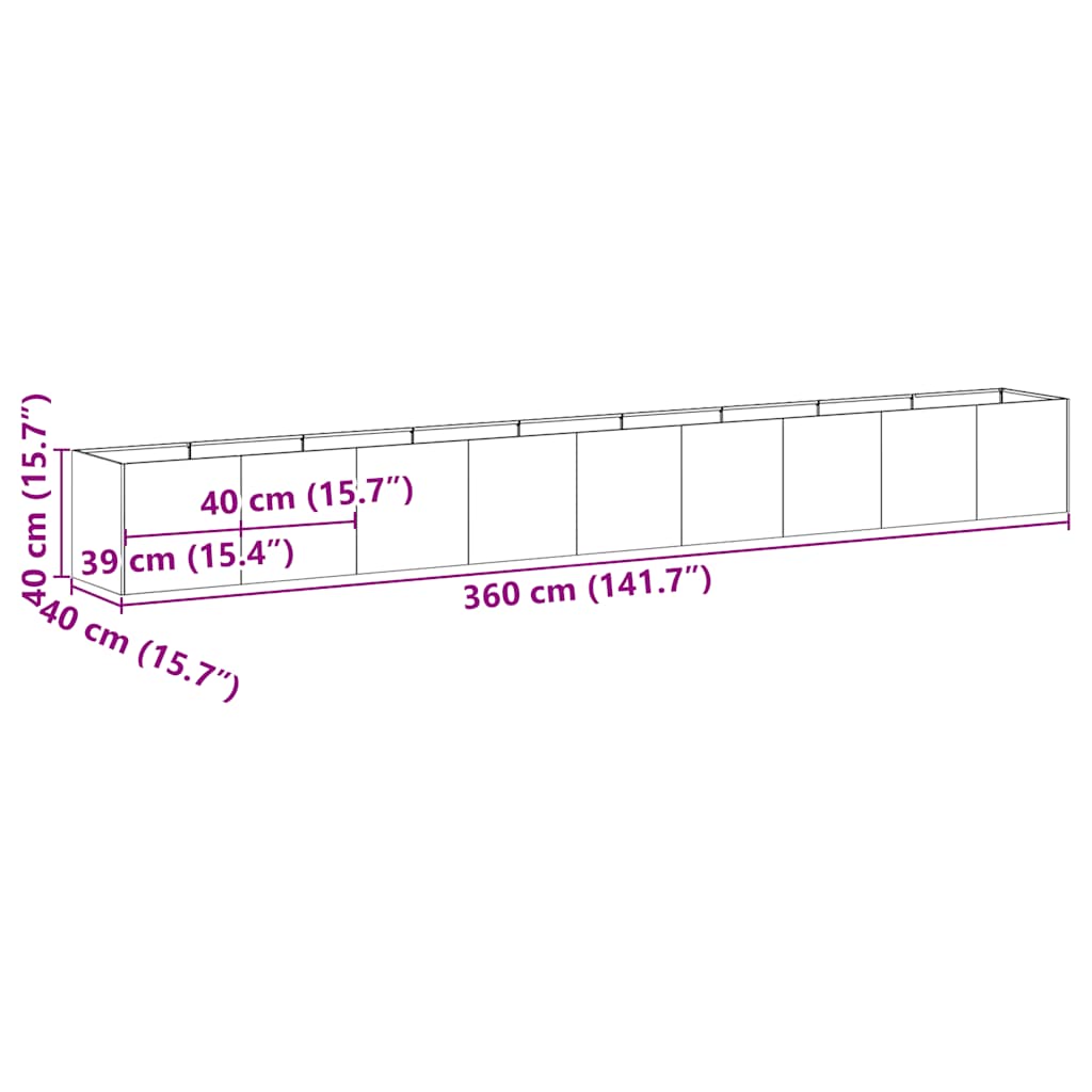 vidaXL Planter 360x40x40 cm Stainless Steel