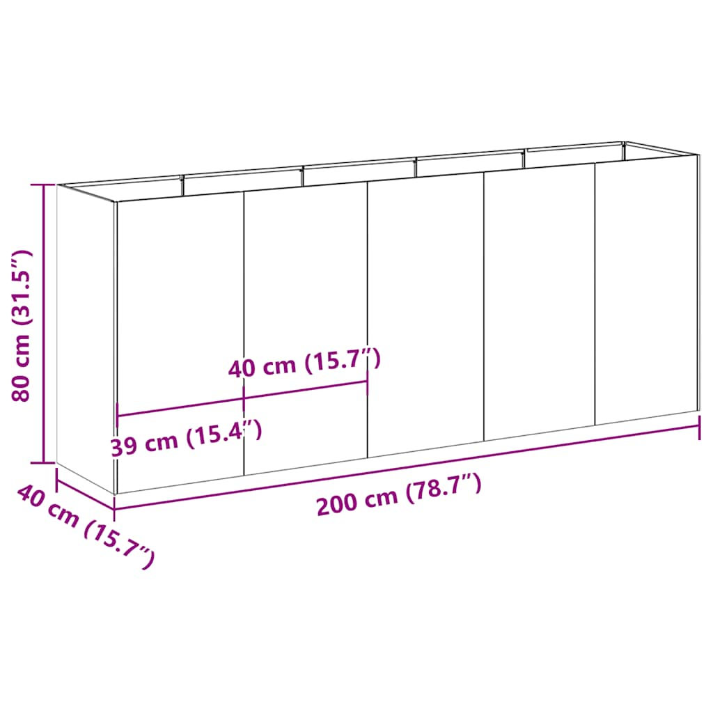 vidaXL Planter Black 200x40x80 cm Cold-rolled Steel