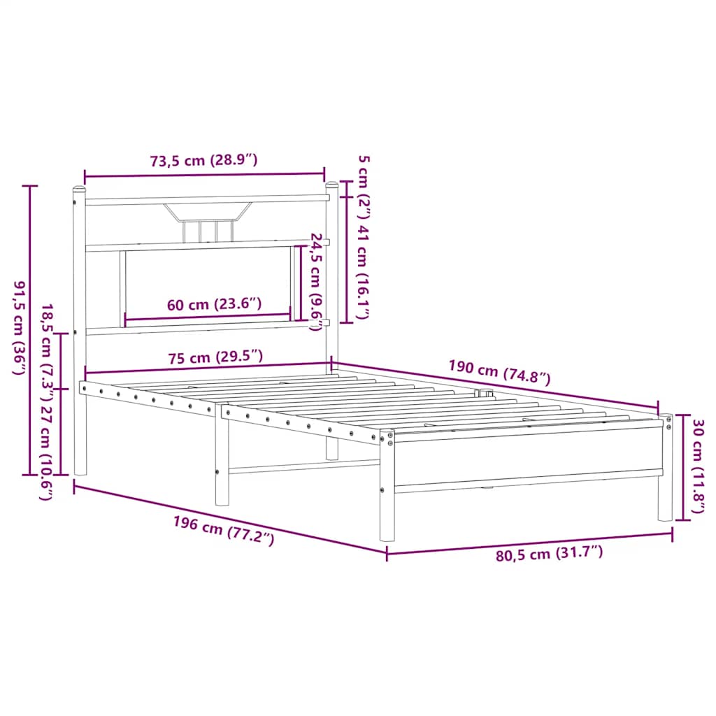 vidaXL Bed Frame without Mattress Smoked Oak 75x190 cm Small Single Engineered Wood