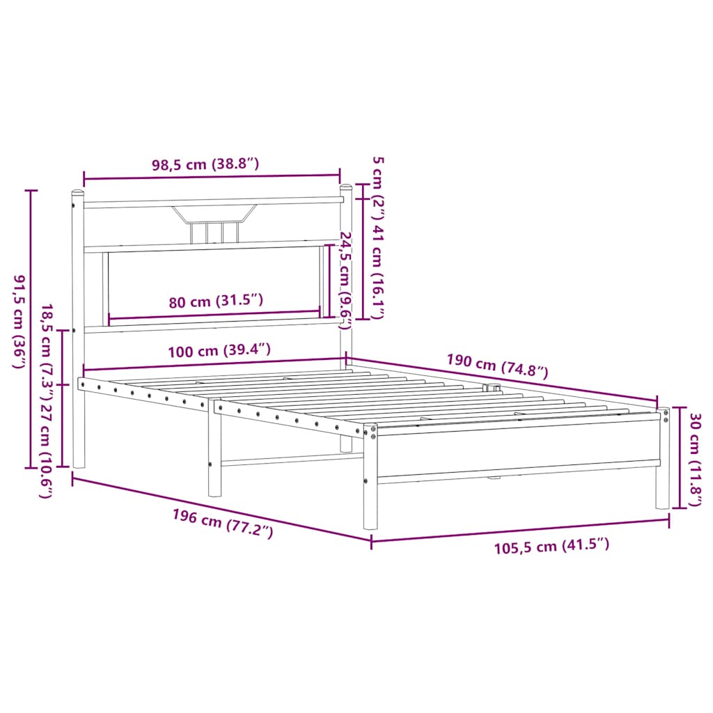 vidaXL Bed Frame without Mattress Smoked Oak 100x190 cm Engineered Wood