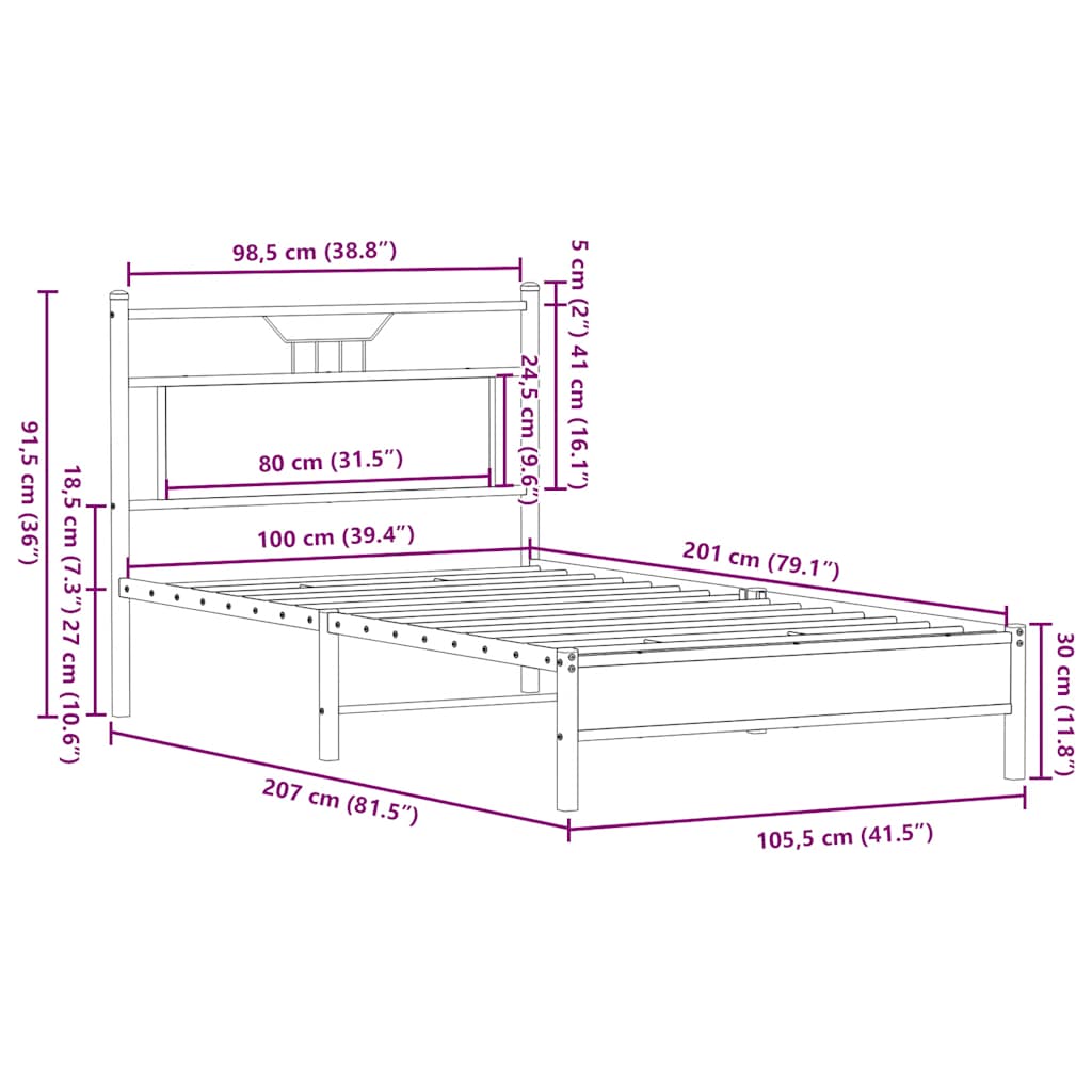 vidaXL Bed Frame without Mattress Smoked Oak 100x200 cm Engineered Wood