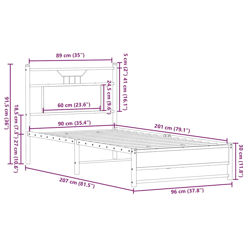 vidaXL Bed Frame without Mattress Smoked Oak 90x200 cm Engineered Wood