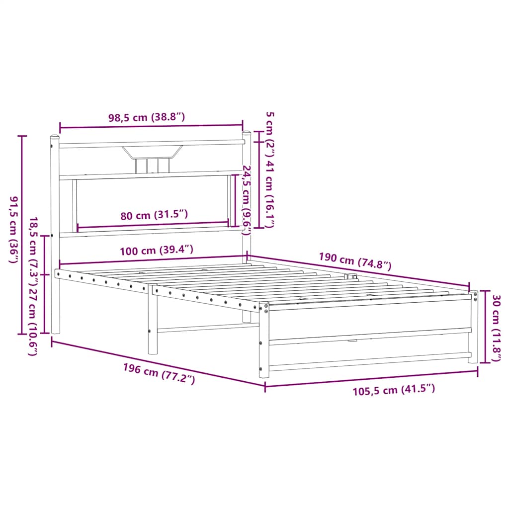 vidaXL Bed Frame without Mattress Smoked Oak 100x190 cm Engineered Wood