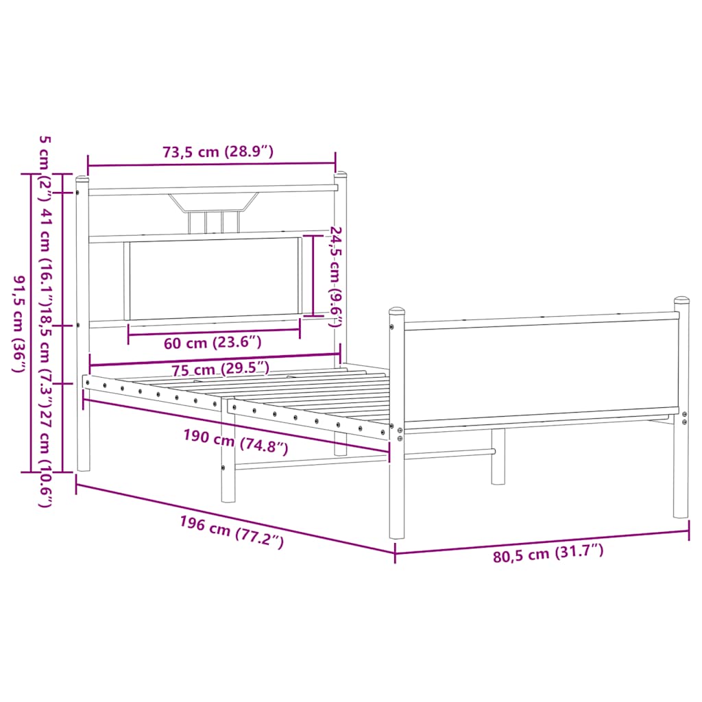 vidaXL Bed Frame without Mattress Smoked Oak 75x190 cm Small Single Engineered Wood