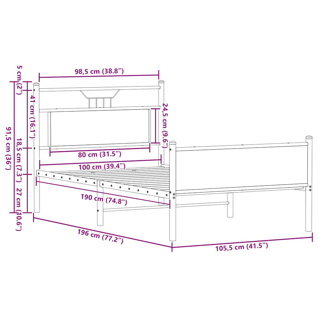 vidaXL Bed Frame without Mattress Smoked Oak 100x190 cm Engineered Wood