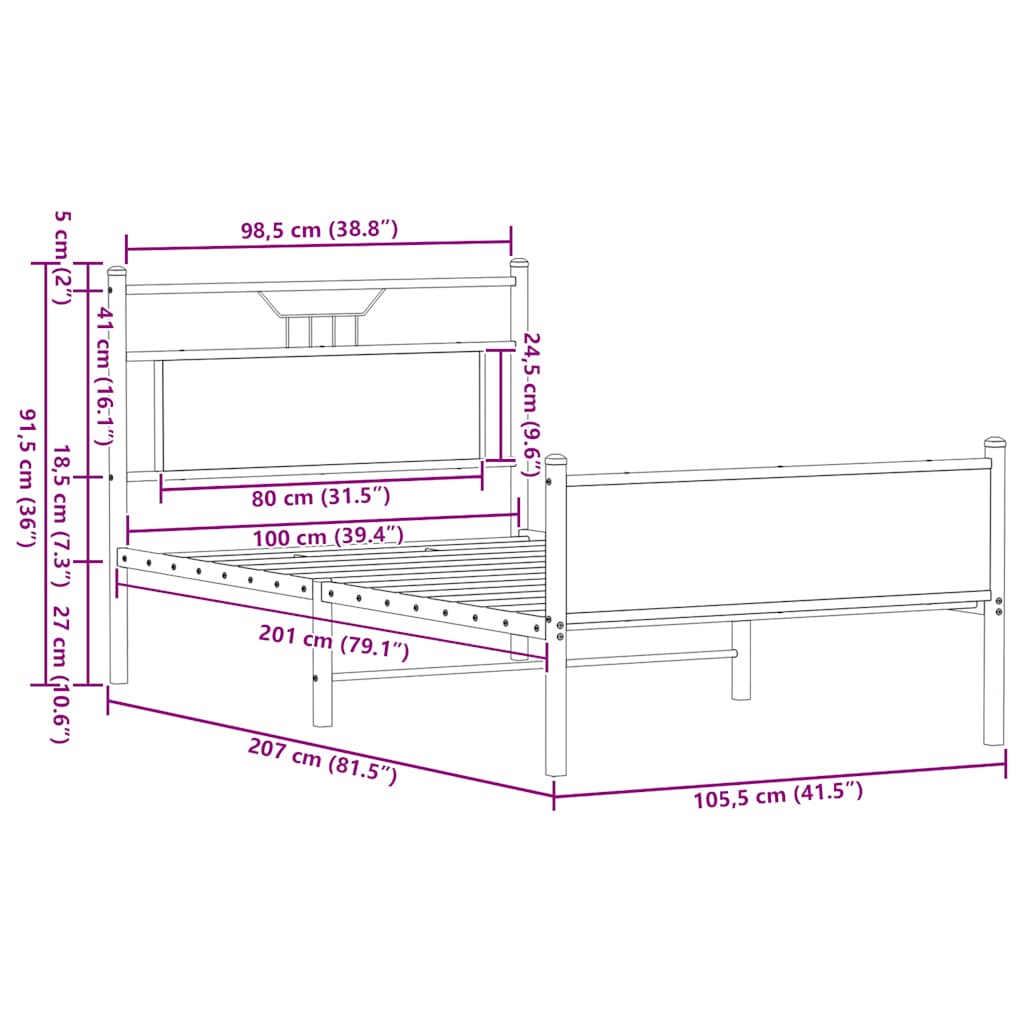 vidaXL Bed Frame without Mattress Smoked Oak 100x200 cm Engineered Wood