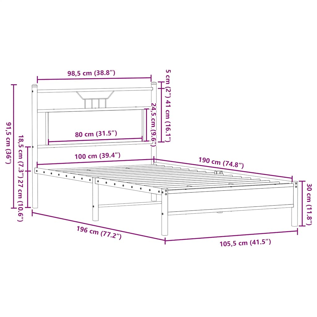 vidaXL Bed Frame without Mattress Sonoma Oak 100x190 cm Engineered Wood