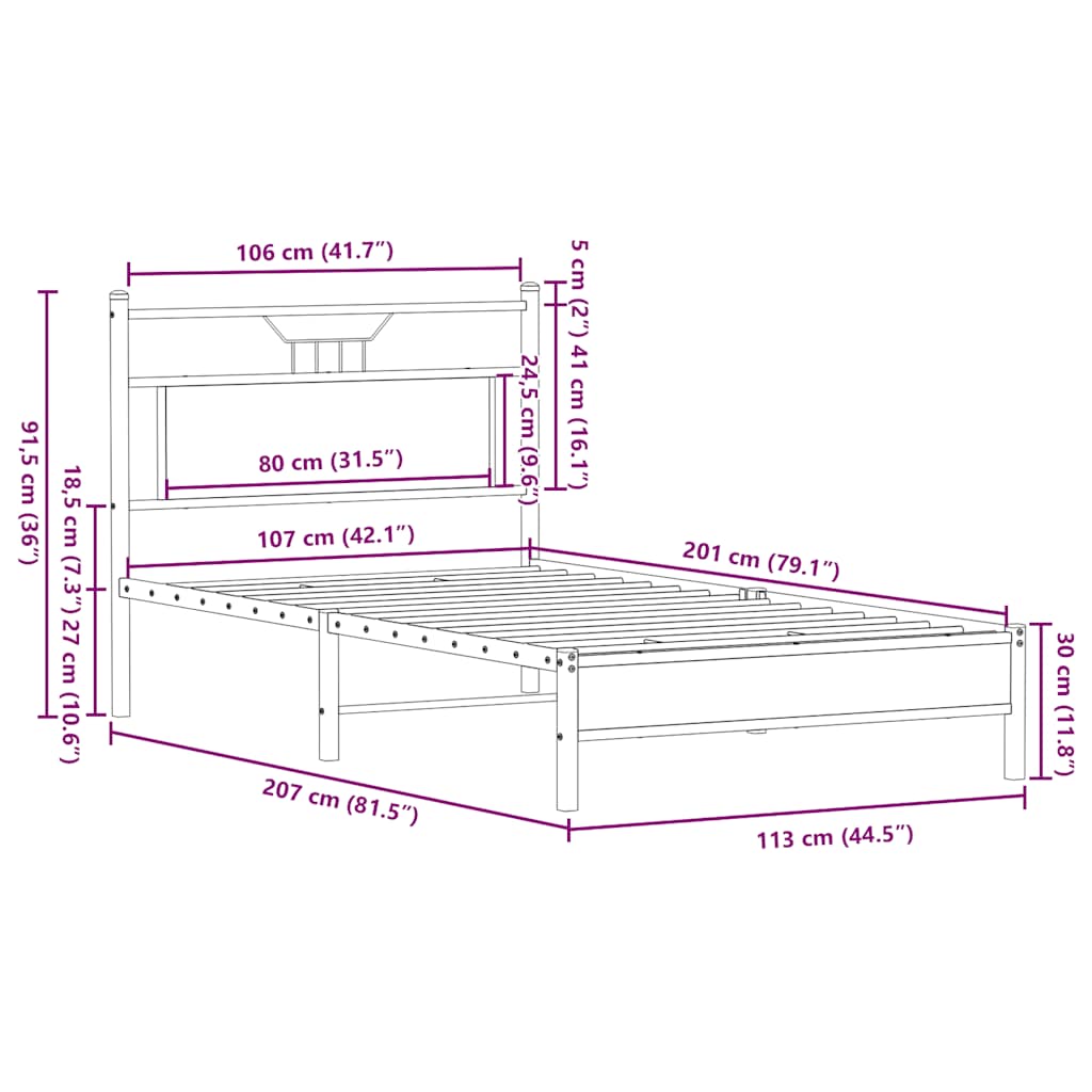 vidaXL Bed Frame without Mattress Sonoma Oak 107x203 cm Engineered Wood