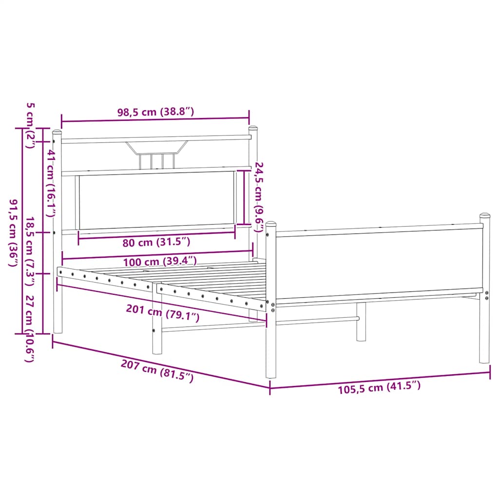 vidaXL Bed Frame without Mattress Sonoma Oak 100x200 cm Engineered Wood