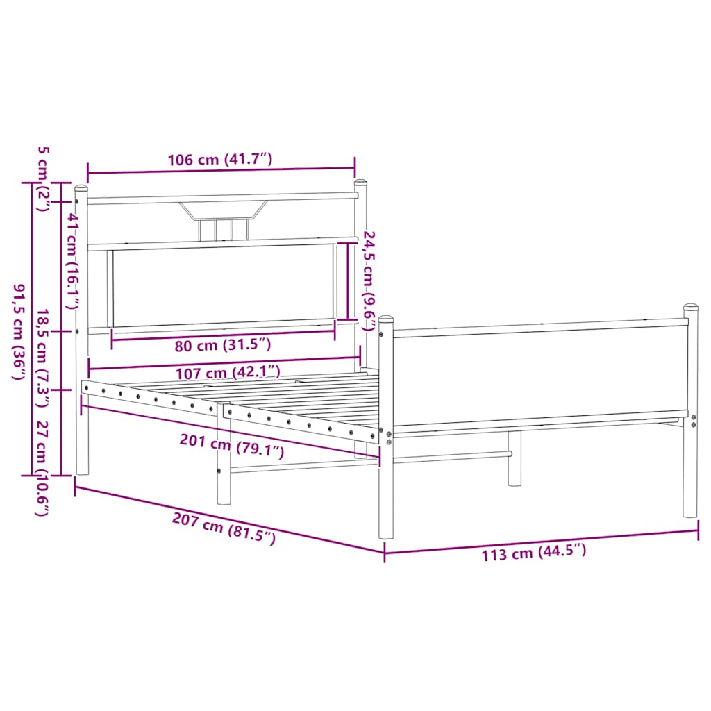 vidaXL Bed Frame without Mattress Sonoma Oak 107x203 cm Engineered Wood