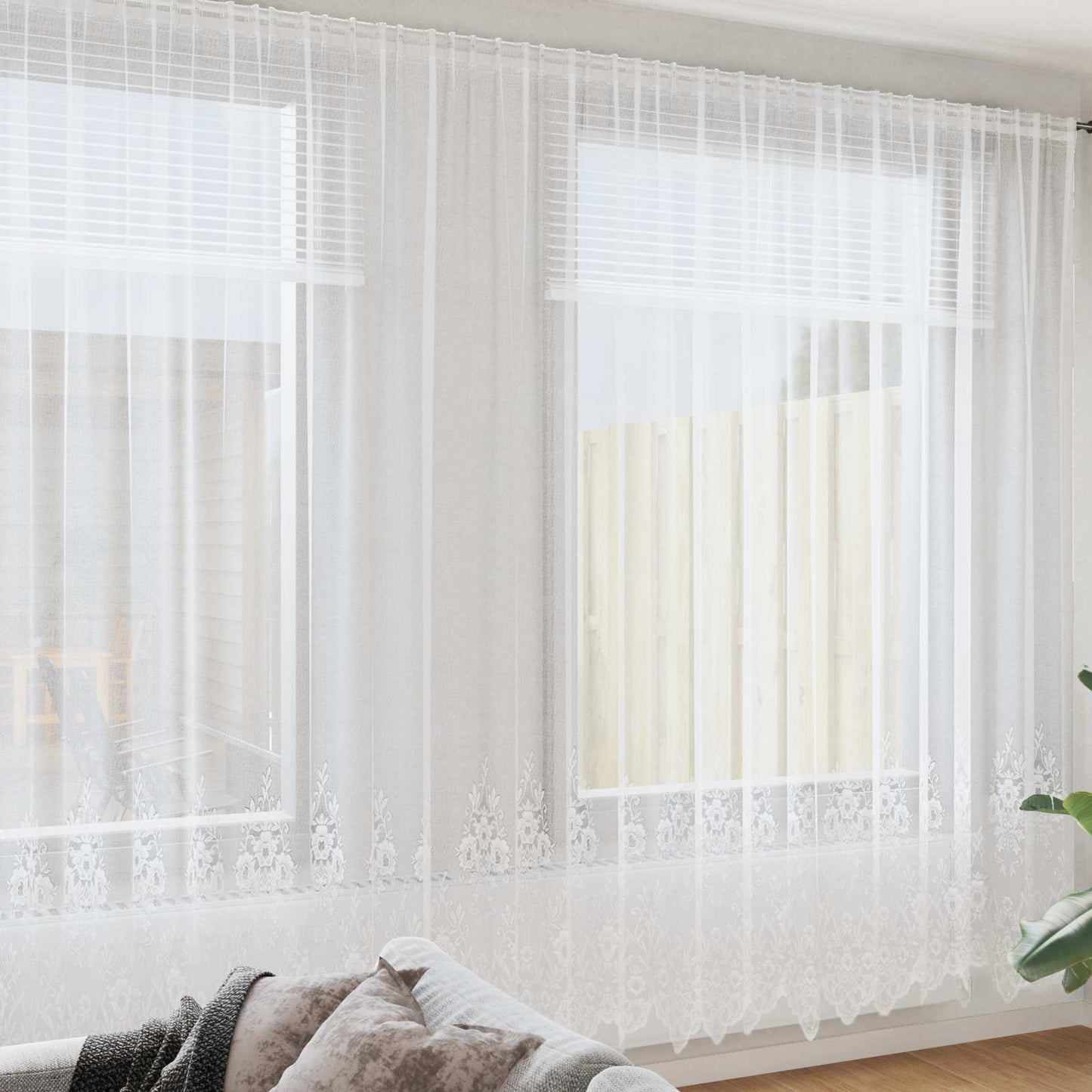 Lace Curtain with Curtains Floral White 280 x 600 cm Polyester