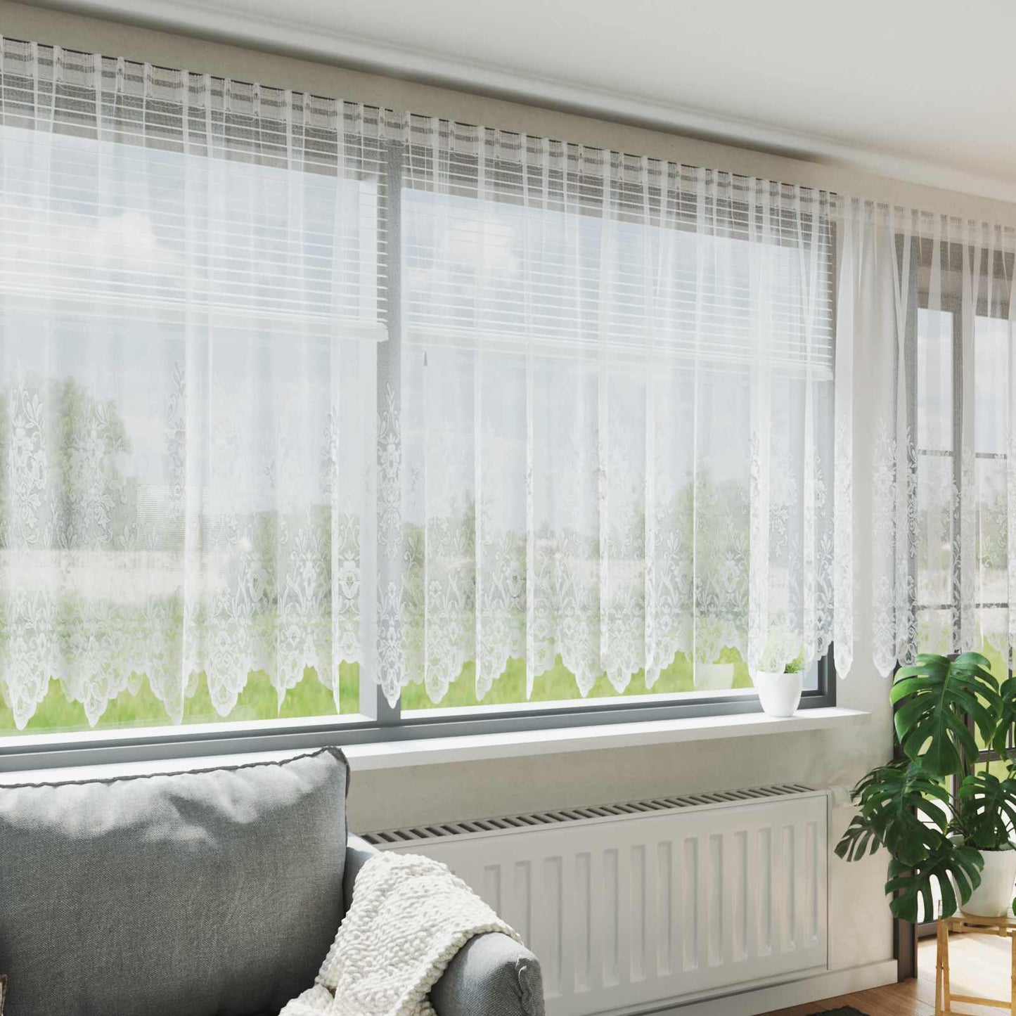 Lace Curtain with Curtains Floral White 140 x 750 cm Polyester