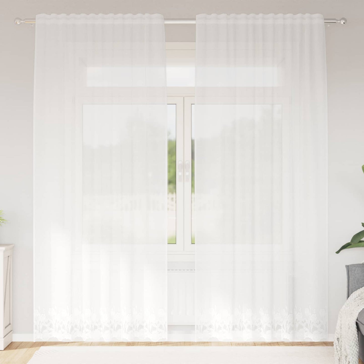 Lace Curtain with Curtains Floral White 200 x 150 cm Polyester