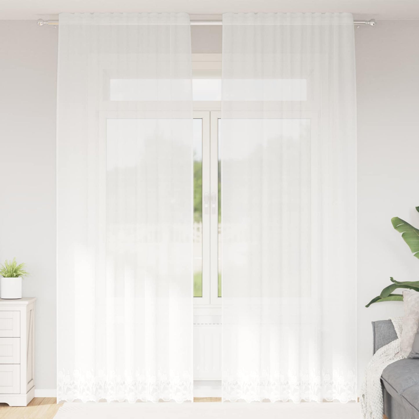 Lace Curtain with Curtains Floral White 300 x 150 cm Polyester