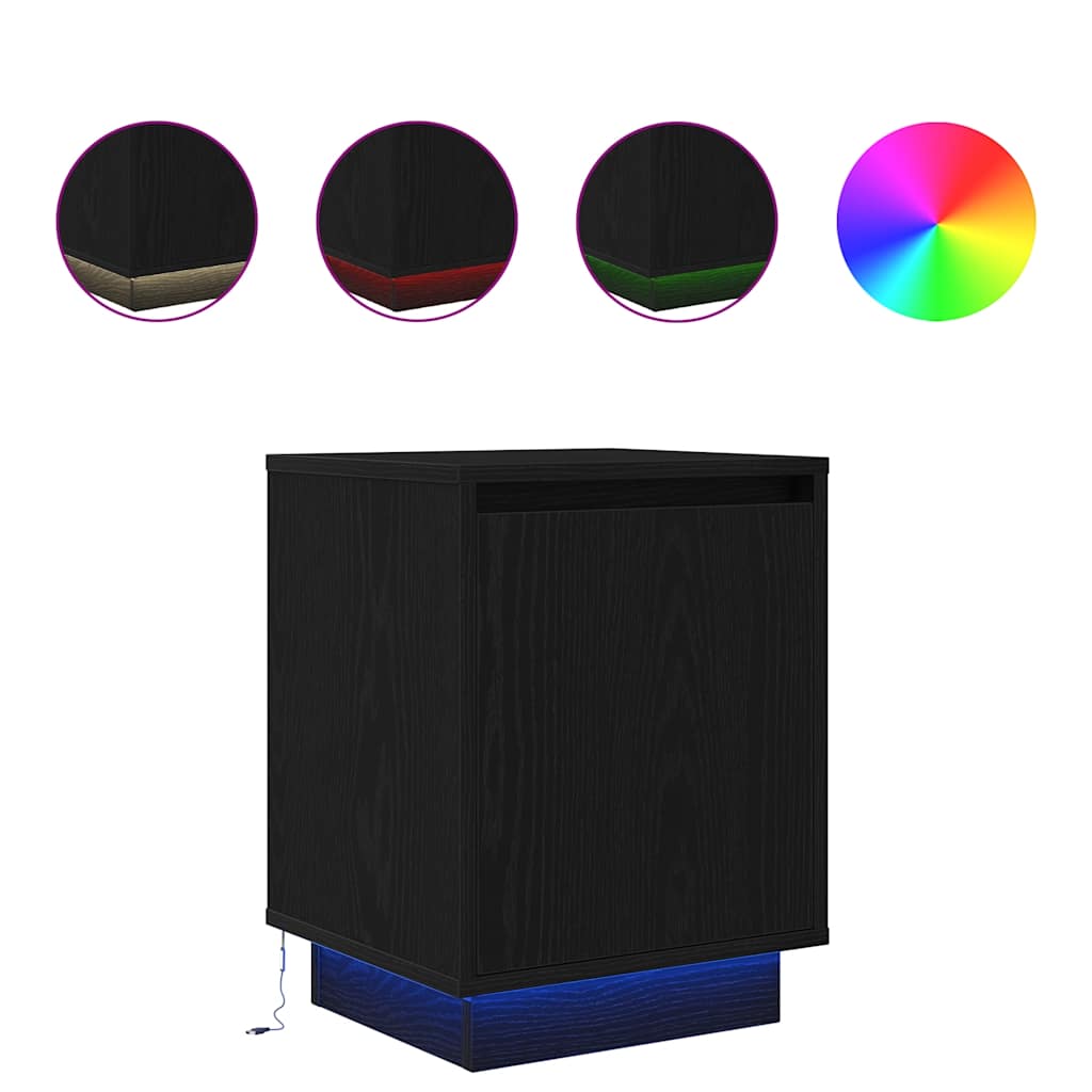 Bedside Cabinet with LED Lights Black 38x34x50 cm