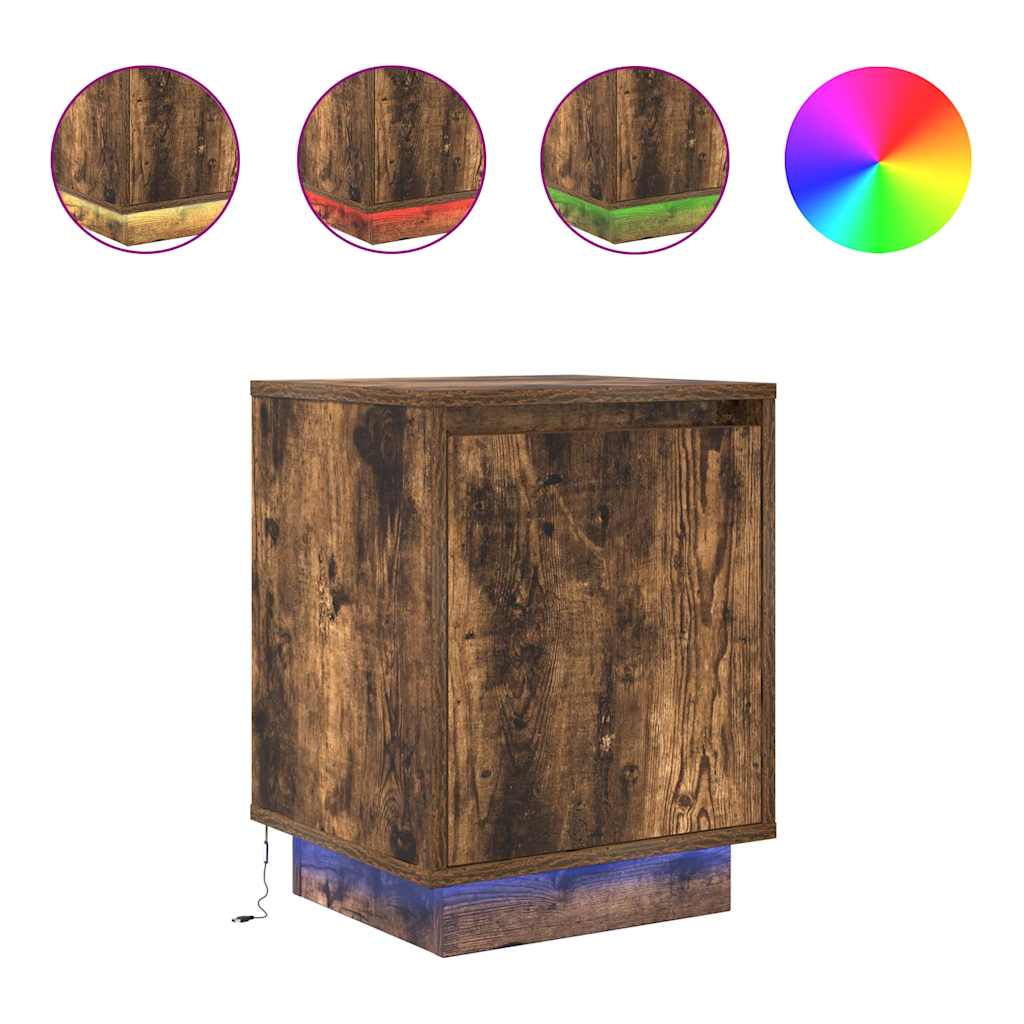 vidaXL Bedside Cabinet with LED Lights Smoked Oak 38x34x50 cm