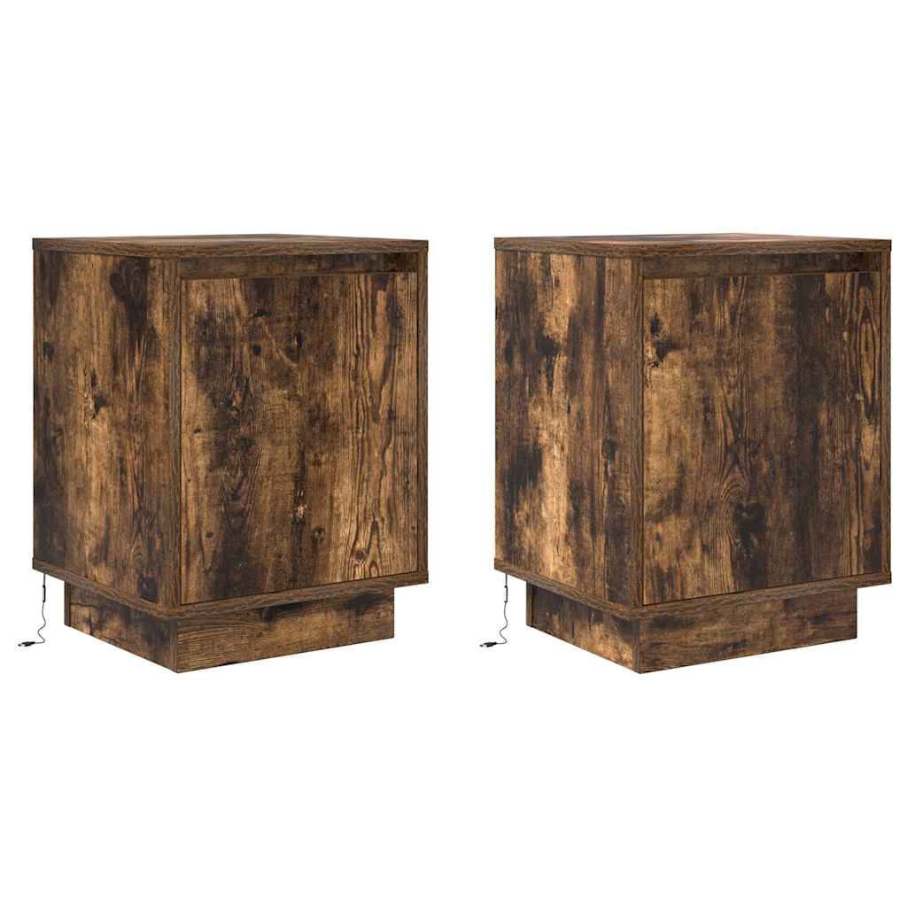 vidaXL Bedside Cabinets with LED Lights 2 pcs Smoked Oak 38x34x50 cm