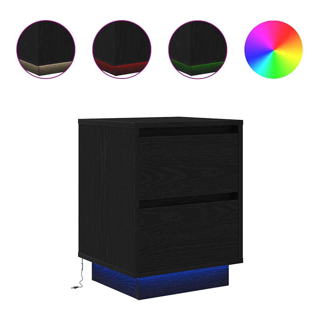 vidaXL Bedside Cabinets with LED Lights 2 pcs Black 38x34x50 cm