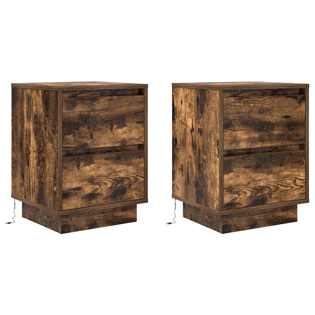 vidaXL Bedside Cabinets with LED Lights 2 pcs Smoked Oak 38x34x50 cm