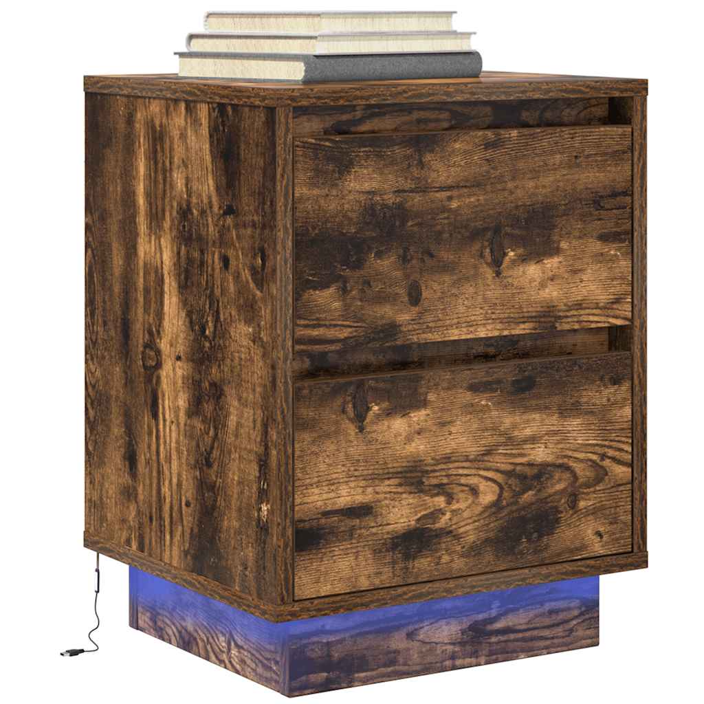 vidaXL Bedside Cabinets with LED Lights 2 pcs Smoked Oak 38x34x50 cm