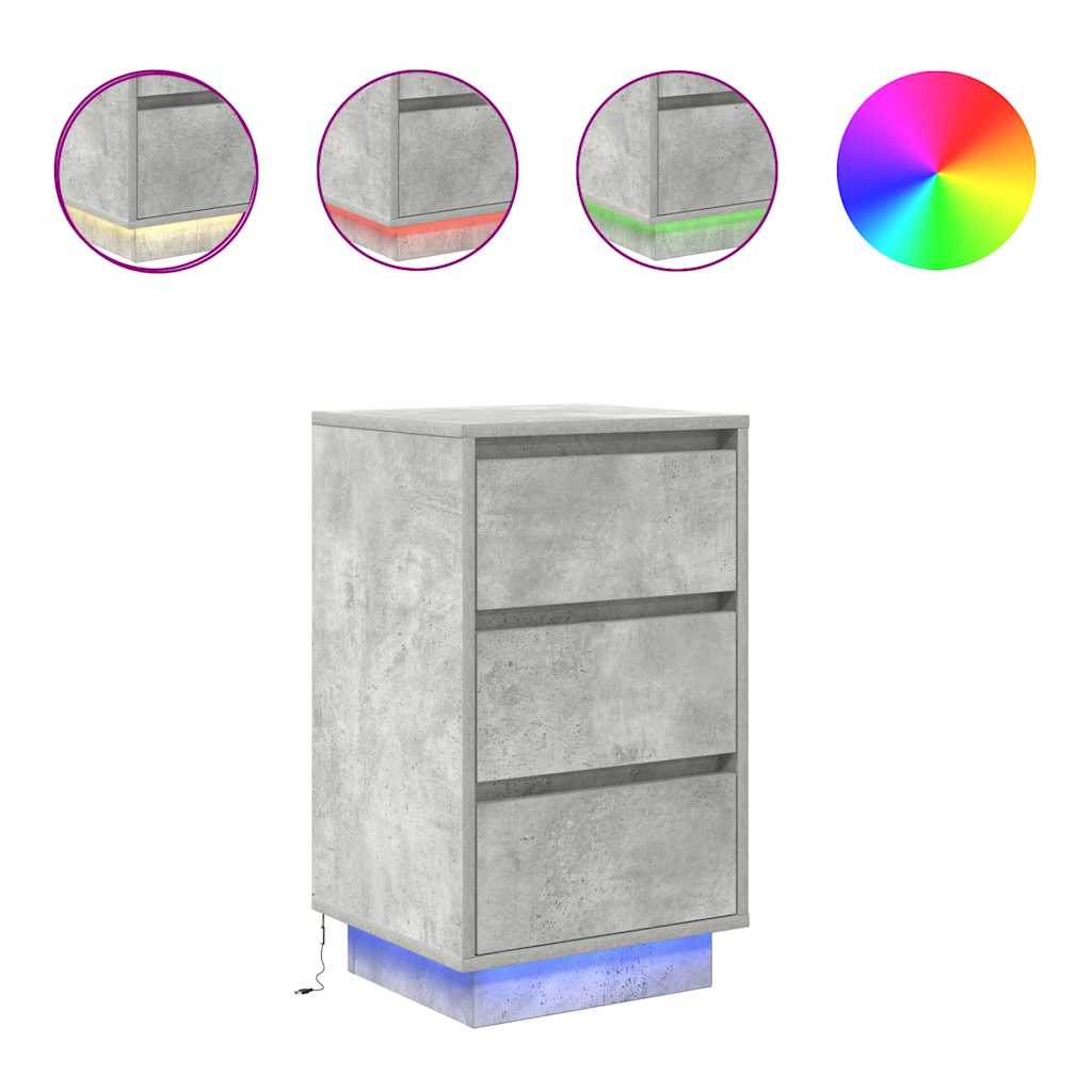 vidaXL Bedside Cabinet with LED Lights Concrete Grey 38x34x65 cm