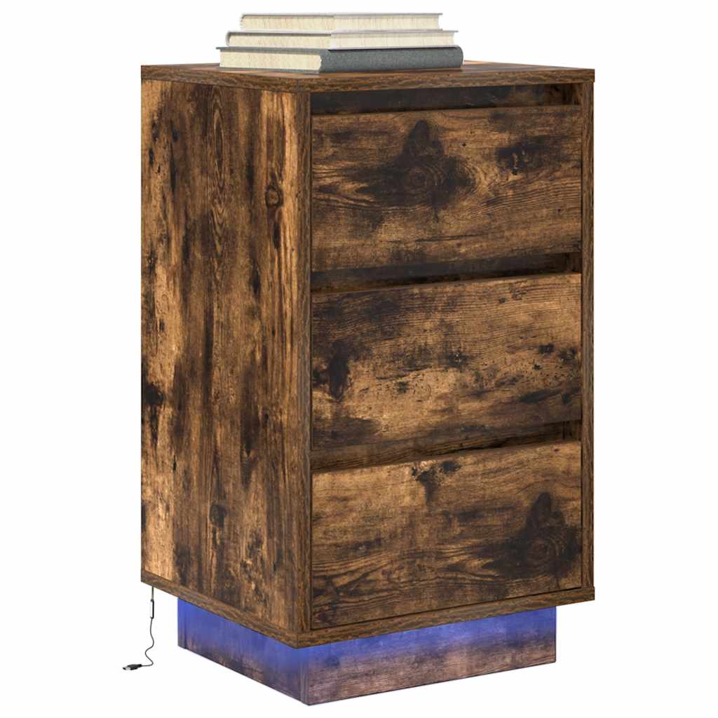 vidaXL Bedside Cabinet with LED Lights Smoked Oak 38x34x65 cm