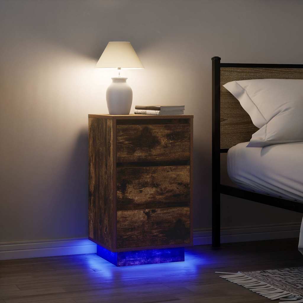 vidaXL Bedside Cabinet with LED Lights Smoked Oak 38x34x65 cm