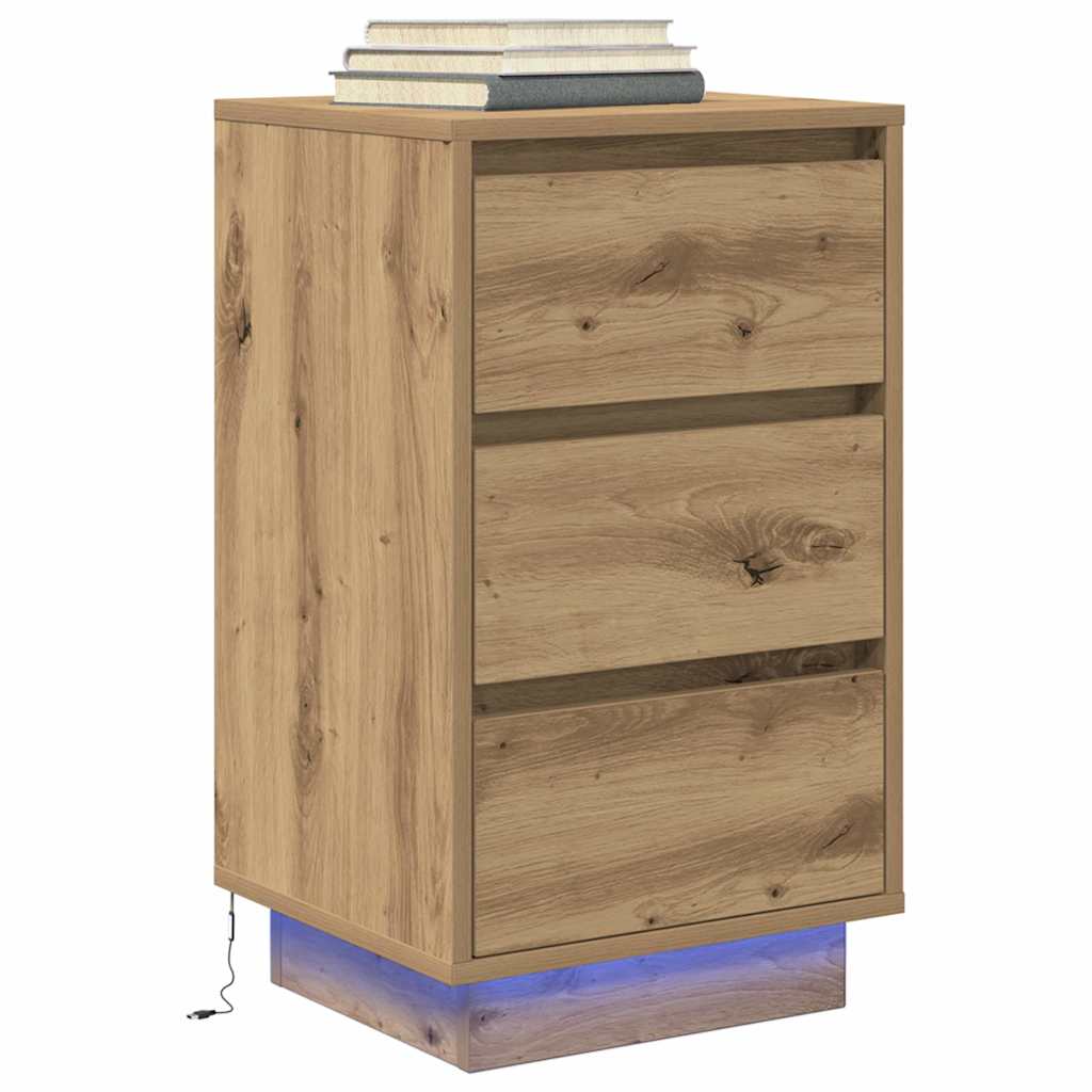 vidaXL Bedside Cabinet with LED Lights Artisan Oak 38x34x65 cm