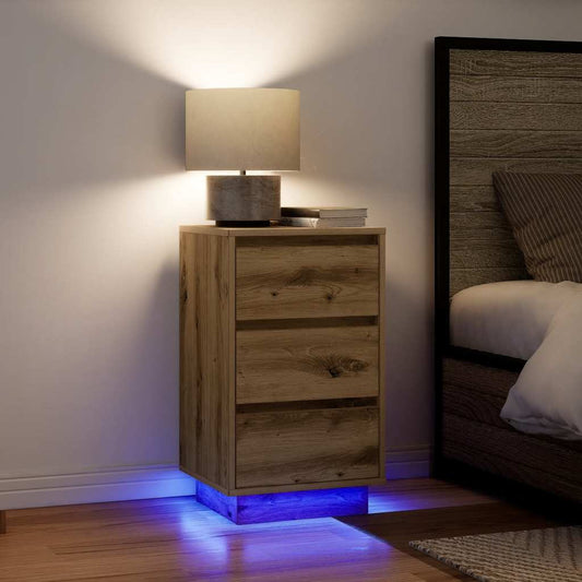 vidaXL Bedside Cabinet with LED Lights Artisan Oak 38x34x65 cm