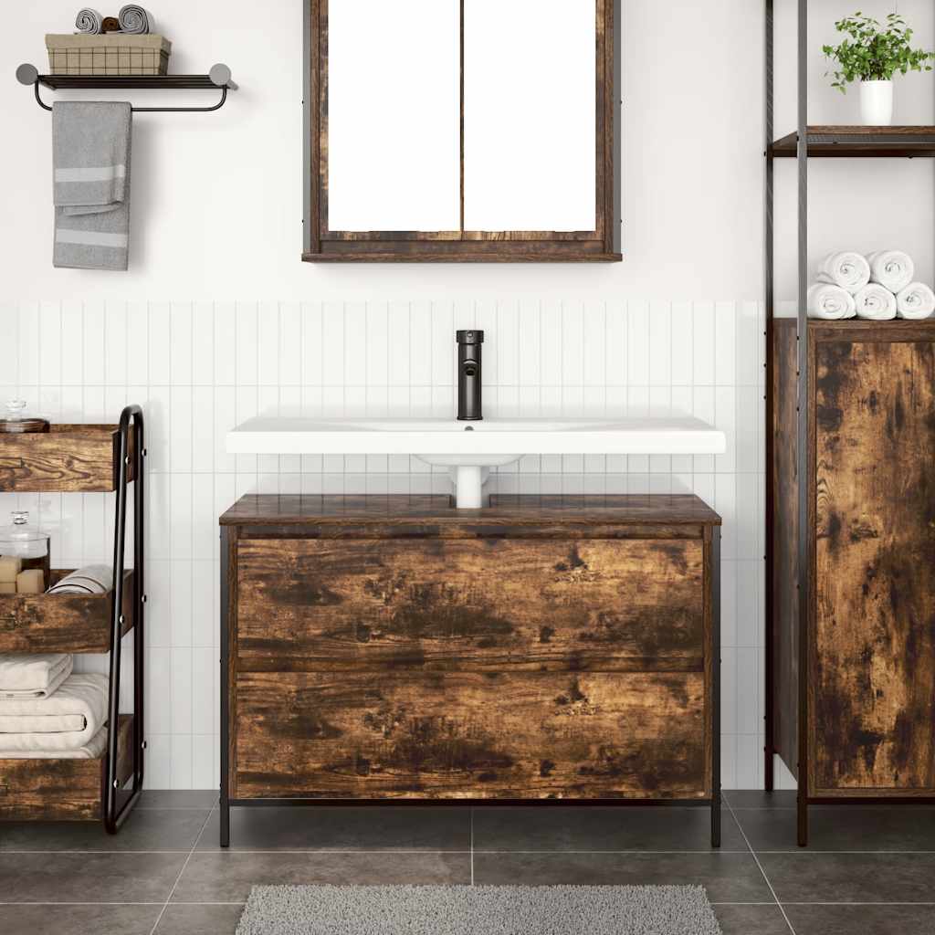 Bathroom Basin Cabinet with Drawers Smoked Oak 90x34,5x60 cm