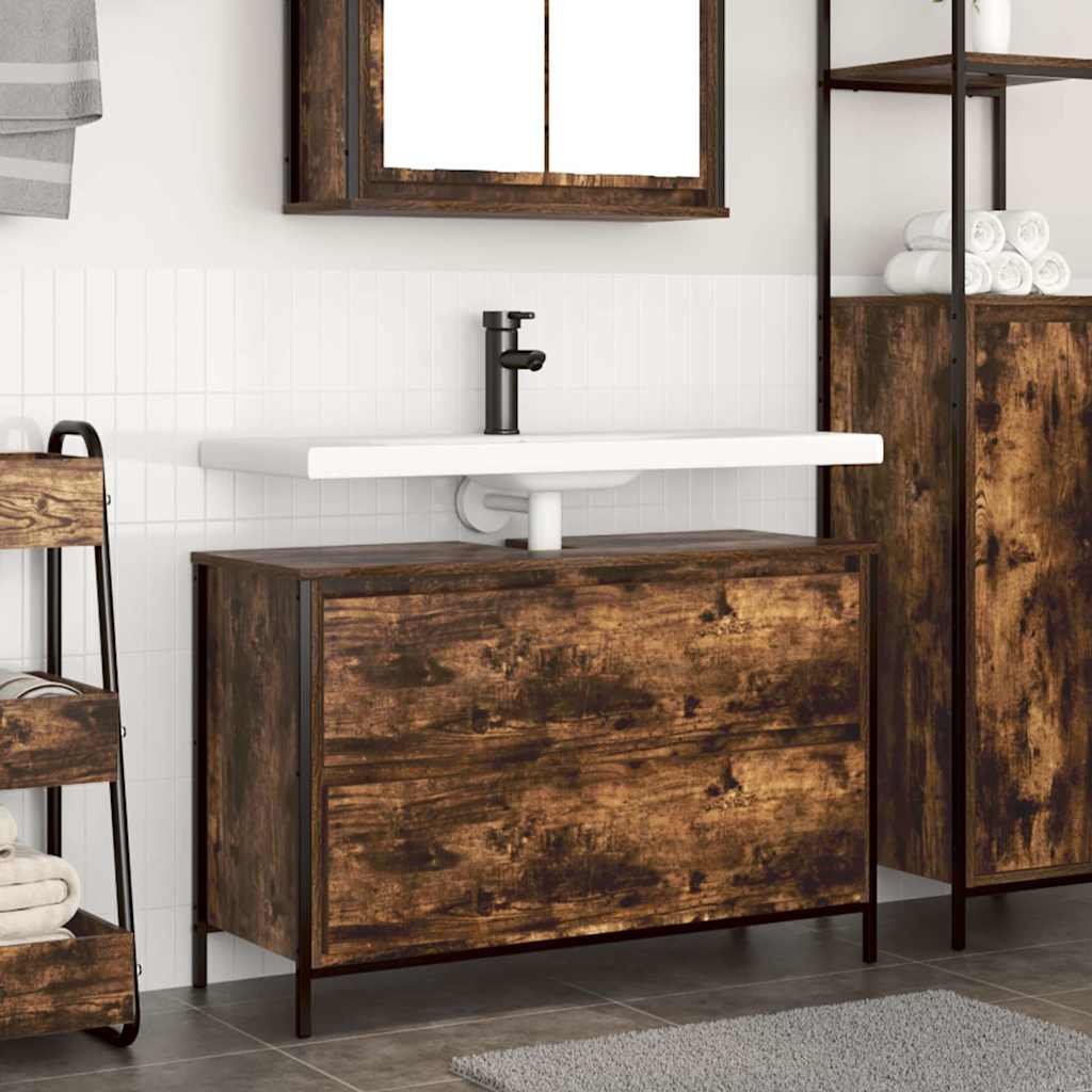 Bathroom Basin Cabinet with Drawers Smoked Oak 90x34,5x60 cm