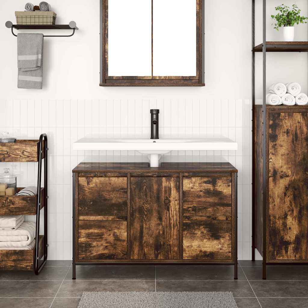 Basin Cabinet with Drawers Smoked Oak 90x34,5x60 cm