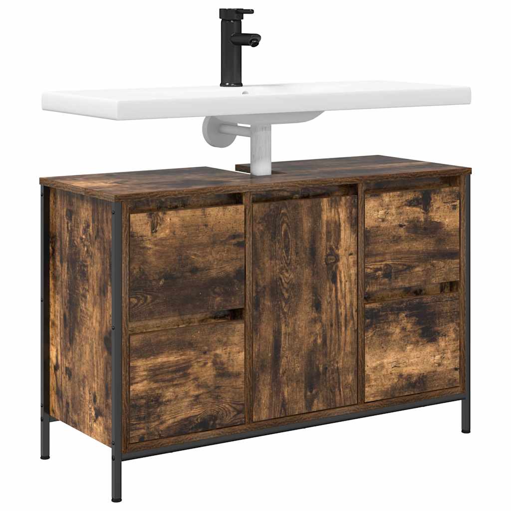 Basin Cabinet with Drawers Smoked Oak 90x34,5x60 cm
