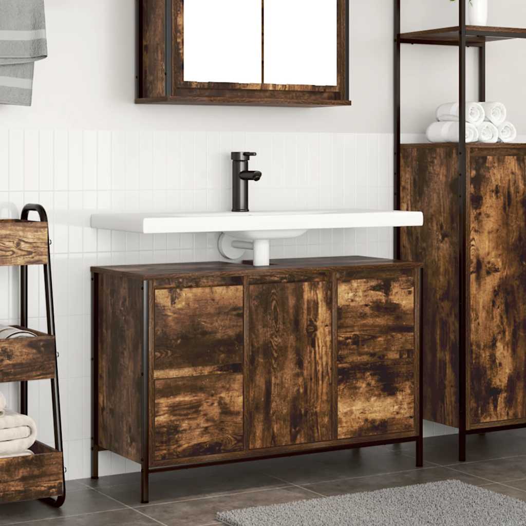 Basin Cabinet with Drawers Smoked Oak 90x34,5x60 cm