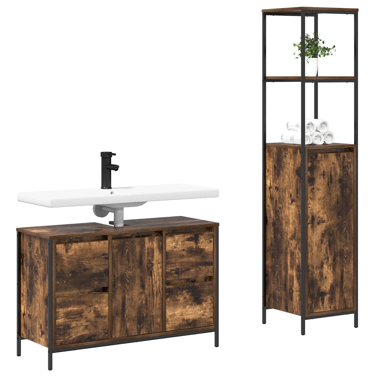 Bathroom Furniture Set with Drawer 2 pcs Smoked Oak and Black