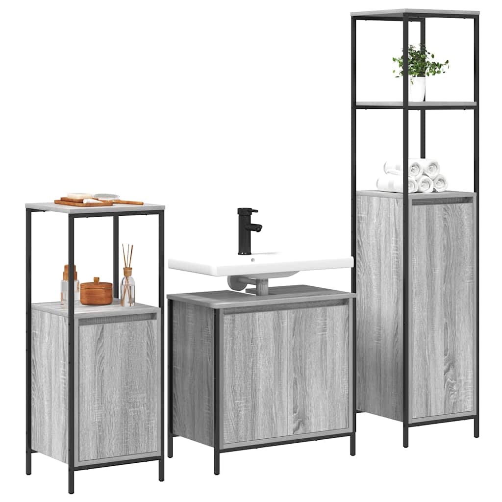 Bathroom Furniture Set with Shelf 3 pcs Grey Sonoma and Black