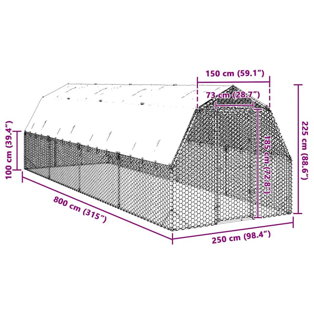 vidaXL Chicken Run with Roof 2.5x8x2.25 m Galvanised Steel