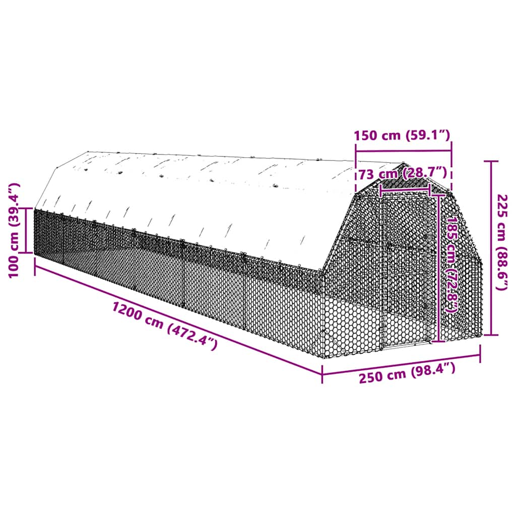 vidaXL Chicken Run with Roof 2.5x12x2.25 m Galvanised Steel