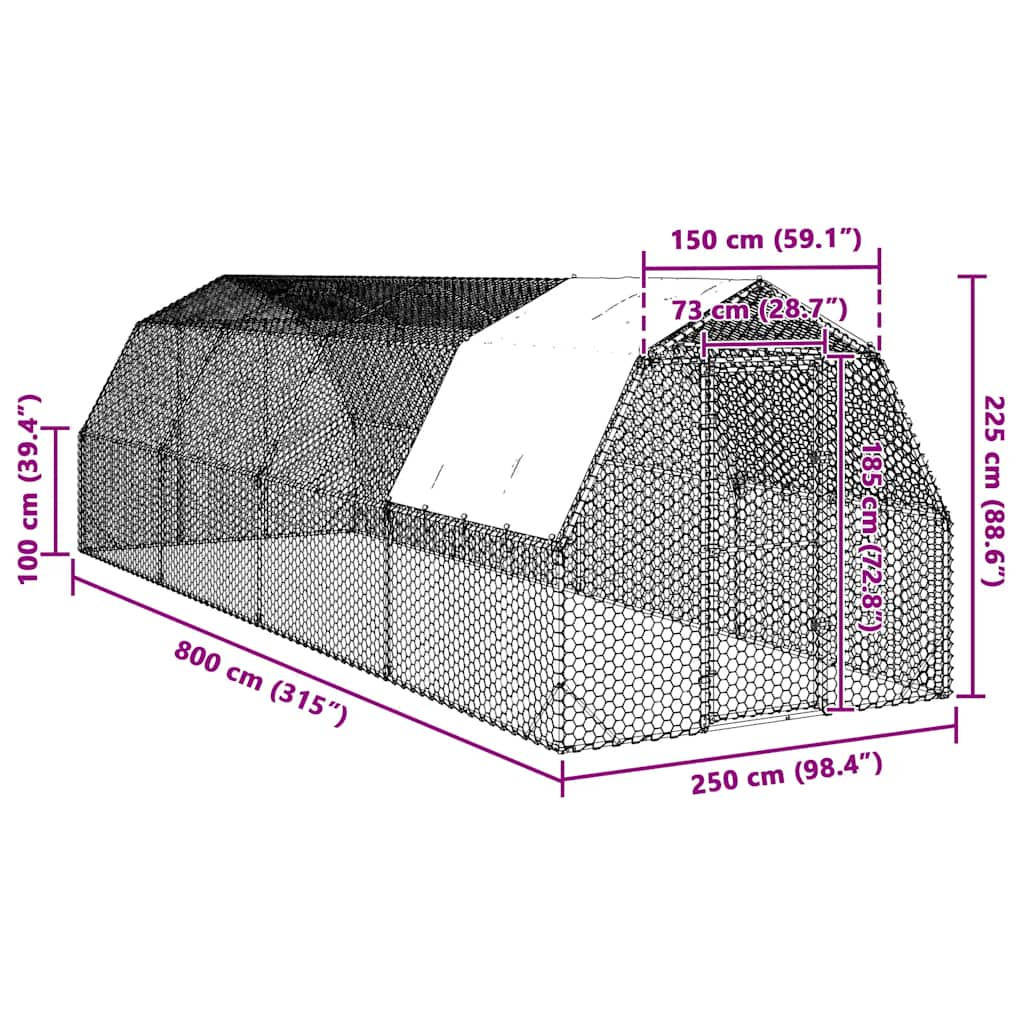 vidaXL Chicken Run with Roof 2.5x8x2.25 m Galvanised Steel