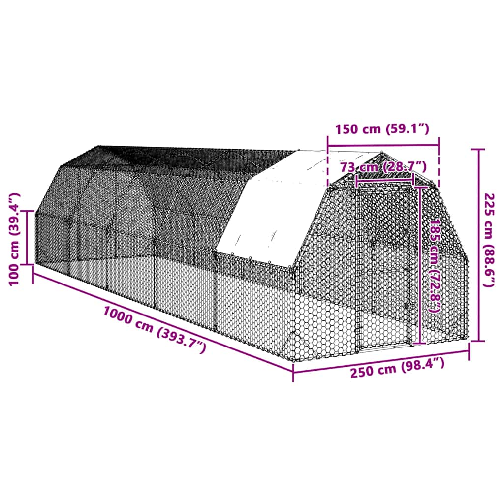 vidaXL Chicken Run with Roof 2.5x10x2.25 m Galvanised Steel