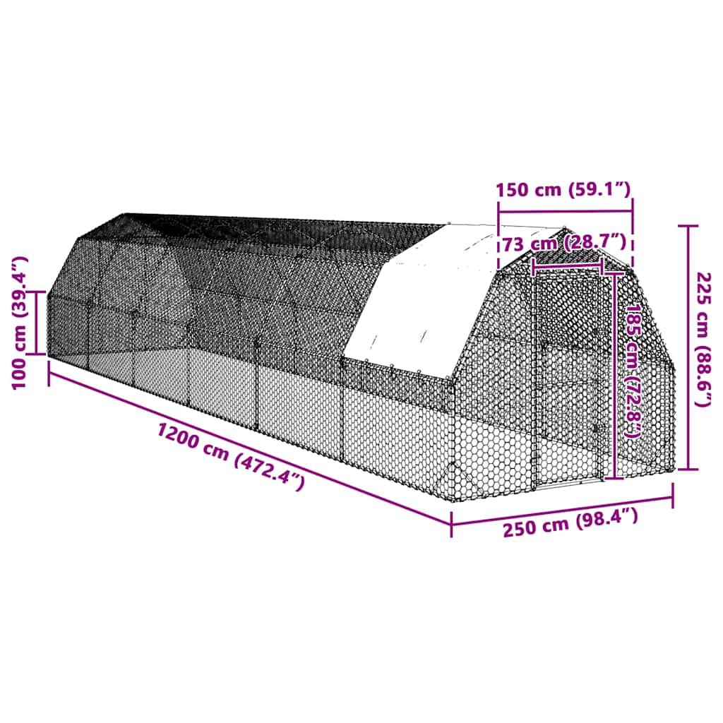 vidaXL Chicken Run with Roof 2.5x12x2.25 m Galvanised Steel