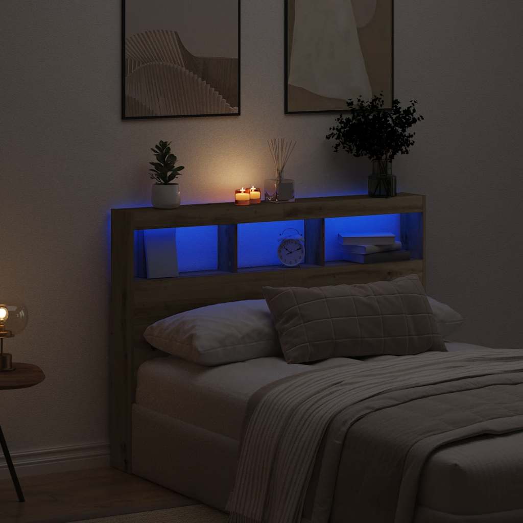 Headboard Cabinet with LED Artisan Oak 140x17x102 cm