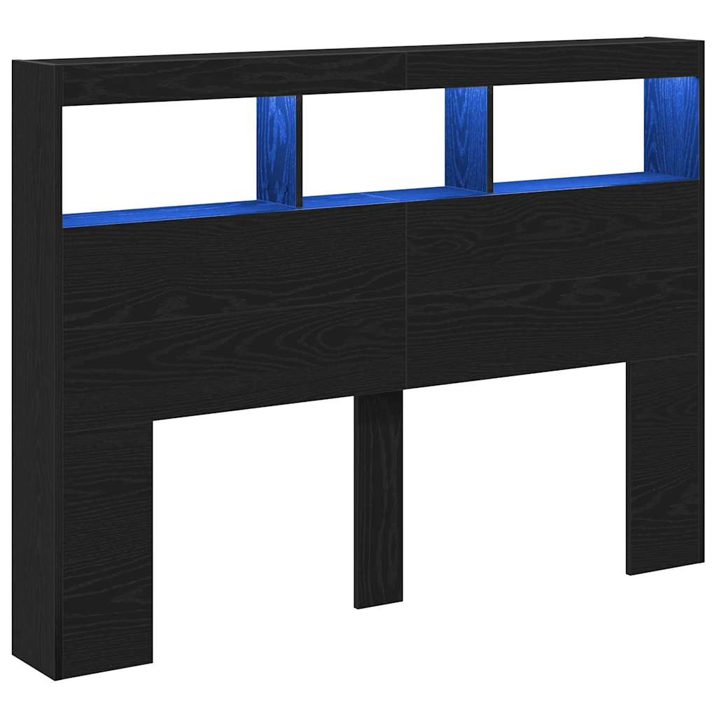 Headboard Cabinet with LED Black Oak 140x17x102 cm