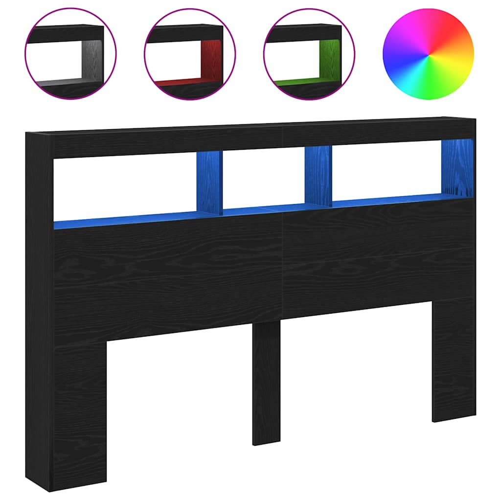 Headboard Cabinet with LED Black Oak 160x17x102 cm