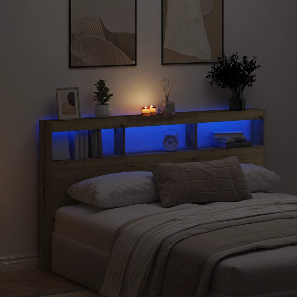 Headboard Cabinet with LED Artisan Oak 180x17x102 cm