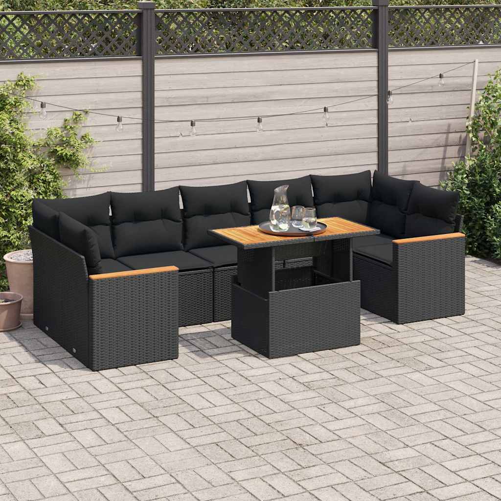 vidaXL 7 Piece Garden Sofa Set with Cushions Black Poly Rattan Acacia