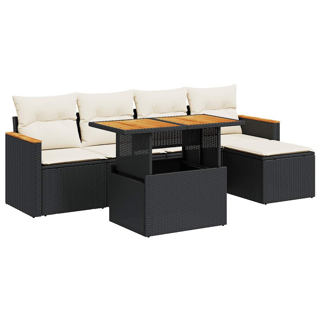 vidaXL 6 Piece Garden Sofa Set with Cushions Black Poly Rattan Acacia