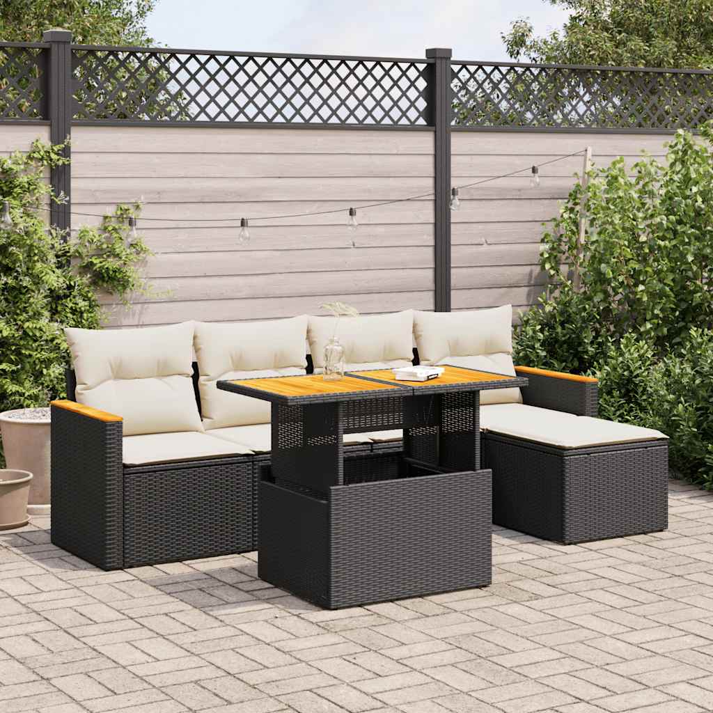 vidaXL 6 Piece Garden Sofa Set with Cushions Black Poly Rattan Acacia